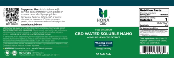 HONA CBD Health Wellness Nano Water Soluble 25mg 30ct Softgel Label
