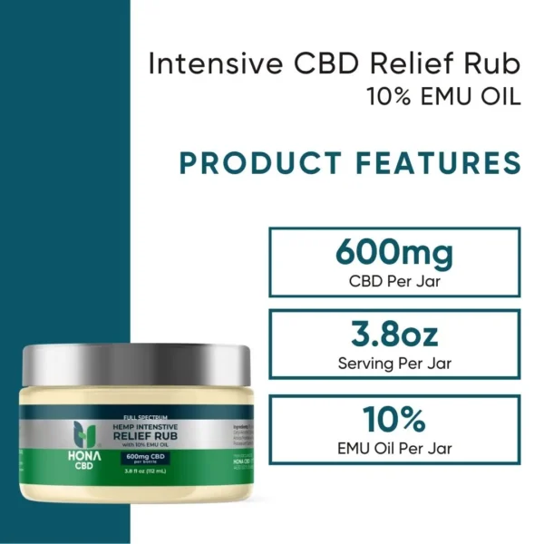 HONA CBD Intensive Relief Rub with 10 Emu Oil 600mg Product Features