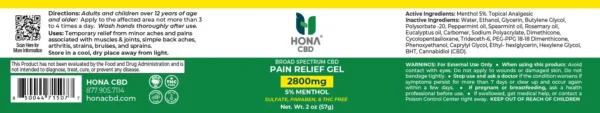 HonaCBD Pain Relief Gel Label 2800mg