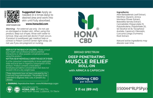 Muscle Relief Roll On Arnica Capsaicin 1000mg Broad Spectrum Label@4x 100