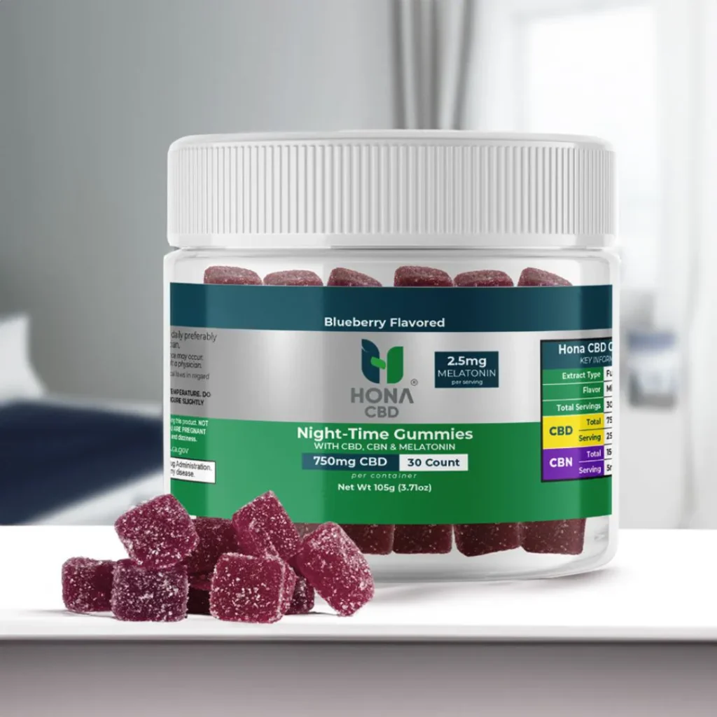 Night-Time Gummies 750mg Blueberry CBD CBN Product with Background copy
